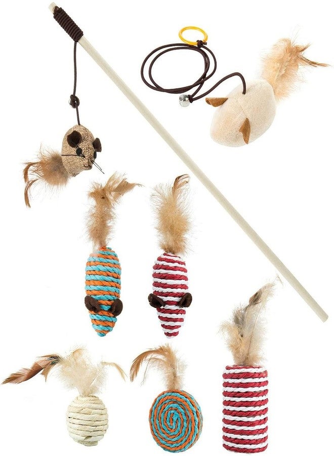 PET FUN مجموعة هدايا ألعاب القطط من بيت فن® - 7 قطع من ألعاب القطط التفاعلية مع عصا ريش، وكرة من السيزال، وفأر النعناع البري، وأجراس، ومجموعة لعب للقطط والقطط الصغيرة المنزلية - Image 1